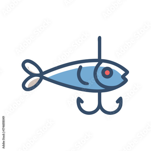 Vector art of simple, modern flat icon of a blue fish with a red eye and a treble hook, designed in a clean vector style, isolated on a, representing the concept of being caught or hooked