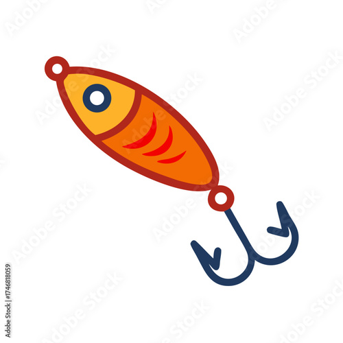 Vector art of vibrant flat design icon of an orange and yellow fishing lure with a treble hook, featuring a stylized fish shape and red accents, isolated on a, symbolizing angling and sport fishing