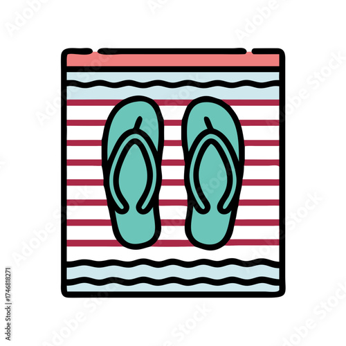 Vector art of a pair of teal flipflops lying on a red and white striped towel, presented in a clean, flat illustration style