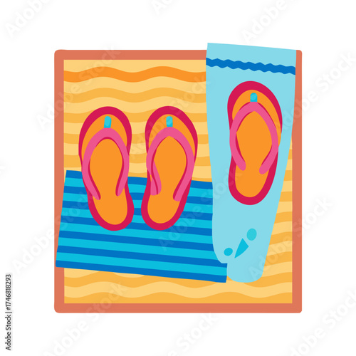 Vector art of a pair of orange and pink flipflops resting on a blue and white striped towel, placed on a yellow wavy mat, suggesting a beach or poolside setting