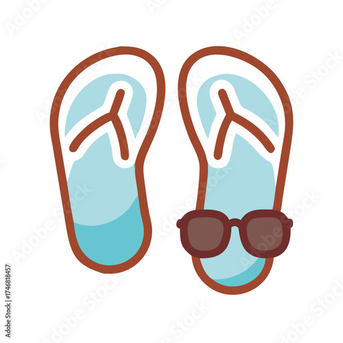 Vector art of a pair of light blue flipflops with brown straps and a pair of brown sunglasses resting on one of the flipflops