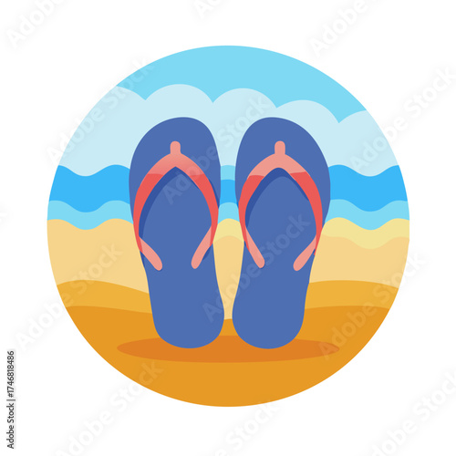 Vector art of a pair of blue flipflops with orange straps rests on a sandy beach with gentle waves and a clear blue sky in the background, evoking a sense of summer vacation and relaxation