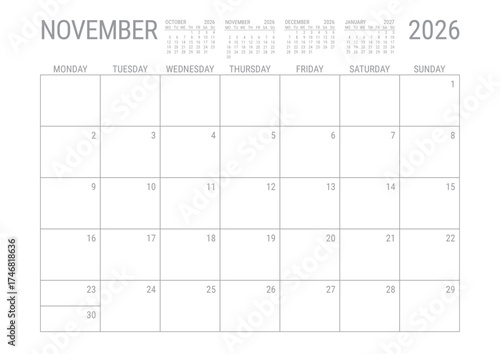 November Calendar 2026 Monthly Planner Printable A4 Monday Start	
