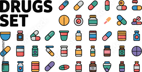 pharmaceutical drugs tablets capsules and liquid syrups  Colorful silhouette icon set on clean background