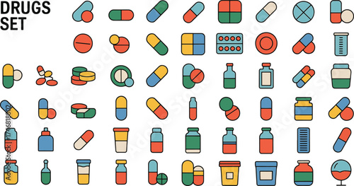 Colorful silhouette icons of medical pills capsules and syrup bottles for healthcare concepts