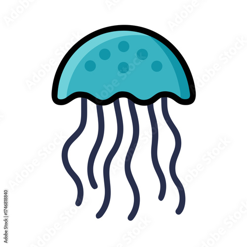 Vector art of a simple, stylized illustration of a blue jellyfish with dark blue tentacles, isolated on a