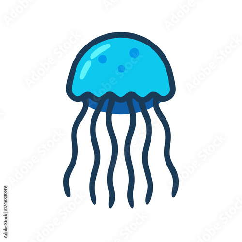 Vector art of a simple cartoon illustration of a bright blue jellyfish with a rounded bell and long, flowing tentacles, isolated on a