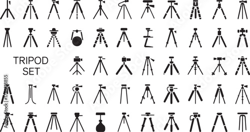Diverse collection of black silhouette tripod icons for photography and videography
