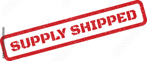 Grungy rectangular stamp displaying supply shipped notification on a diagonal angle for logistics communication