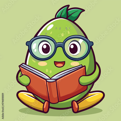 Cute cartoon avocado character wearing glasses reading a book with a friendly smile