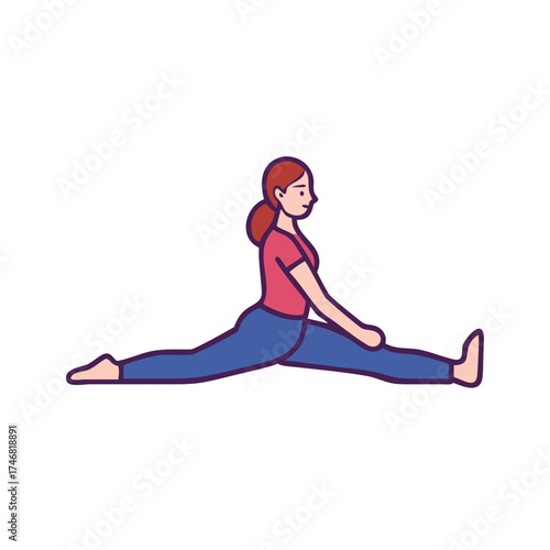 Vector art of woman doing a split stretch, demonstrating flexibility and yoga