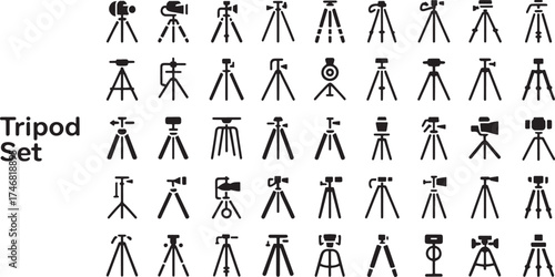 Diverse tripod icon bundle set black silhouette art collection for photography and equipment