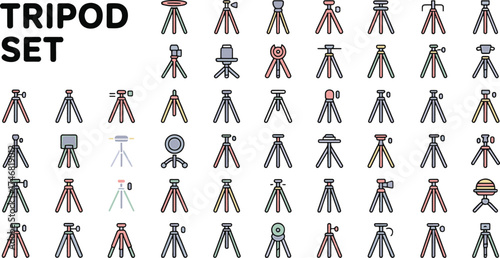 Diverse colorful tripod icon set silhouette art for photography and videography