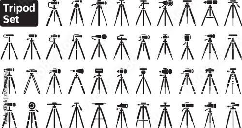 Collection of black silhouette tripod icons set for photography and videography