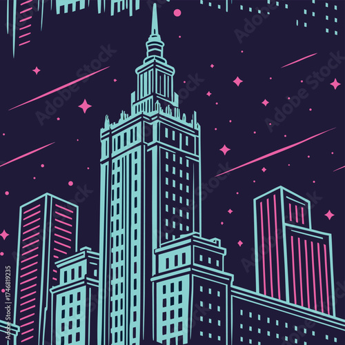 High quality photo of stylized cityscape at night with shooting stars vector