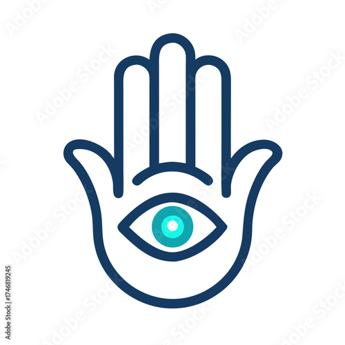 Vector art of hamsa hand symbol with an eye in the palm, , representing protection and good luck, a spiritual and cultural icon, minimalist design