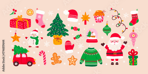 Set of Christmas hand drawn elements. Cute holiday Xmas graphic icons. Santa Claus, Christmas tree, gift boxes, baubles, bow, candle, candy. Perfect for greeting card and stickers. Vector flat