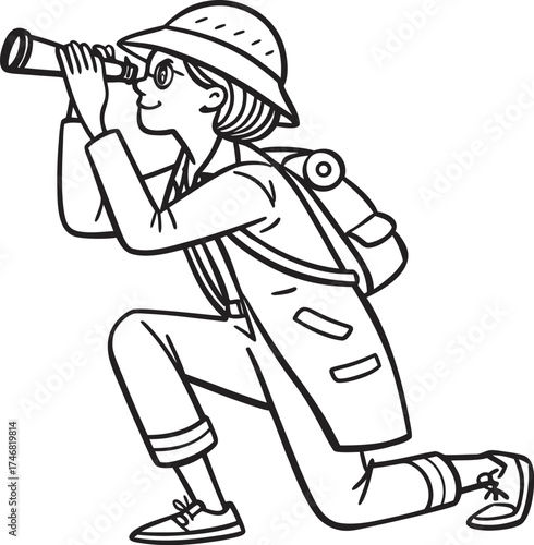 Adventurous tourist capturing wildlife through binoculars during outdoor expedition isolated on transparent background