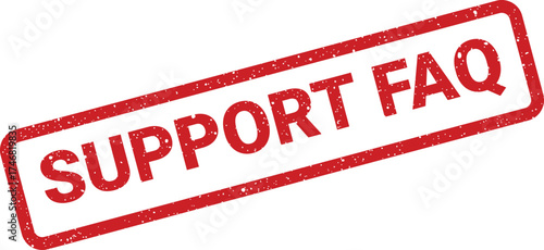 Grungy red rectangular rubber stamp illustration displaying SUPPORT FAQ text, indicating access to frequently asked questions resources