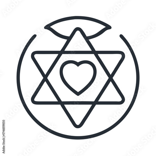 Vector art of a stylized line art icon featuring a star of david with a heart in the center, enclosed within a circle, representing love, faith, and jewish identity, isolated on a