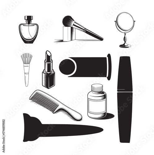 Makeup and Beauty Tools Silhouette Set, Black Vector Cosmetic Illustrations.