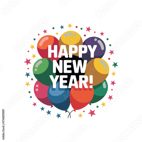 Colorful Balloon Celebration with "Happy New Year" Text and Confetti on White Background