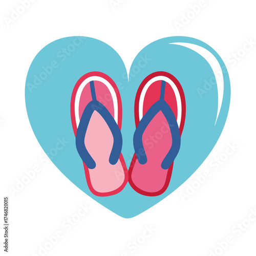 Vector art of a pair of pink and blue flipflops arranged in a heart shape on a light blue heart background, symbolizing love and summer vacation