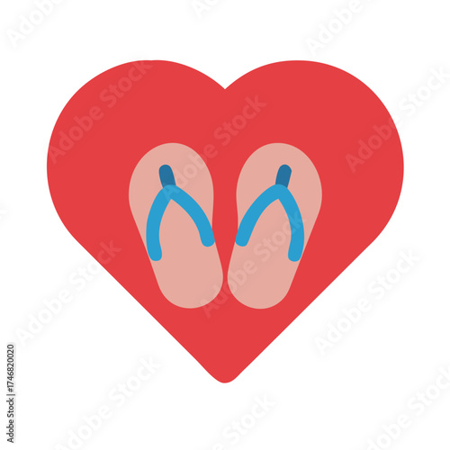 Vector art of a pair of pink flipflops with blue straps are placed inside a large red heart shape, symbolizing love for summer, vacation, and beach activities