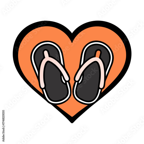 Vector art of a pair of black flipflops with pink straps are placed inside a large orange heart shape with a black outline, symbolizing love for summer, vacation, and beach activities