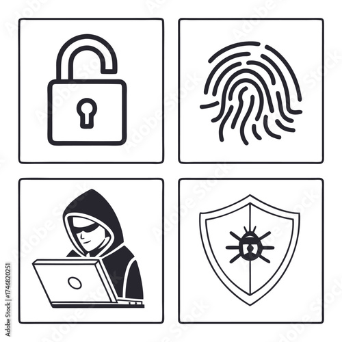 Cybersecurity Concept with Lock, Fingerprint, and Digital Shield
