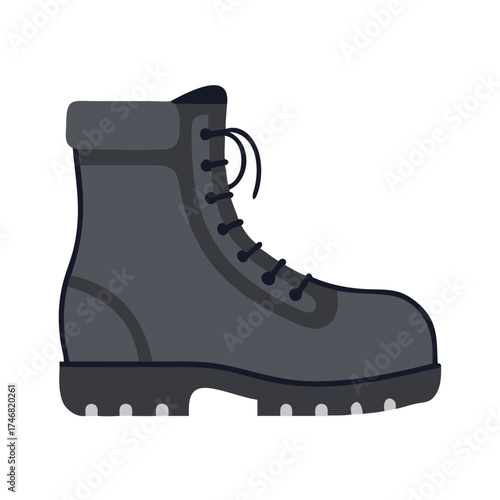 Vector art of a modern, flat design illustration of a black and grey hiking boot with yellow laces and a thick orange sole, isolated on a