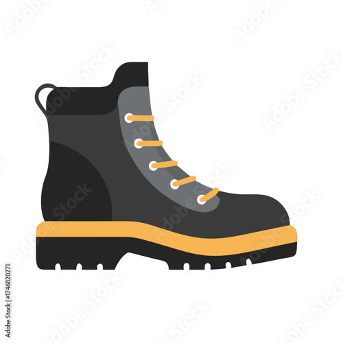 Vector art of a modern, flat design illustration of a black and grey hiking boot with yellow laces and a thick orange sole, isolated on a