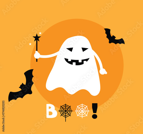 A Scary Ghost with a Boo Word and Magic Wand. International autumn Halloween holiday concept vector art