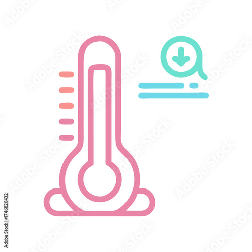 Vector art of a pink thermometer icon with a downward arrow and a magnifying glass, indicating a temperature decrease or low temperature reading, isolated on a