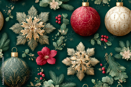 Elegant Christmas Ornaments and Foliage with Gold Snowflakes on Green Background. Christmas or New Year concept