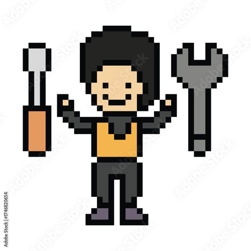 Cartoon pixel 8 bit character engineer man worker industry warehouse fix decoration 8 bit male boy male engineer construction storage safety game vector.