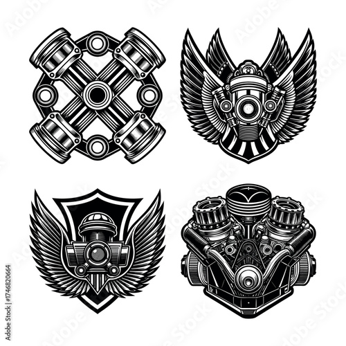 Four vintage motorcycle engine parts emblem designs for custom apparel and accessories