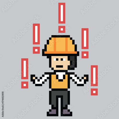 Cartoon pixel 8 bit character engineer man worker industry warehouse fix decoration 8 bit male boy male engineer construction storage safety game vector.