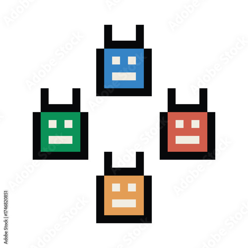 Cartoon pixel art of humanoid robot or ai learning skill robotic chat bot machine business vector character automation background 8 bit decoration.