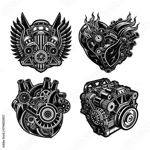 Intricate mechanical heart designs featuring gears wings and fiery elements for unique artistic expressions