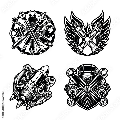Set of four vintage mechanical emblems featuring tools engines and wings for automotive and biker enthusiasts custom designs