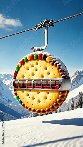 Giant Cookie Ski Lift Cabin in Snowy Mountain Landscape