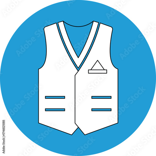 White vest with blue accents on bright blue circle background waistcoat clothing