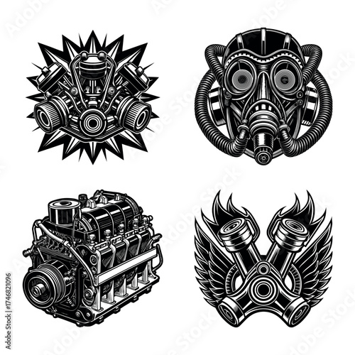 Four distinct graphic elements featuring gas masks an engine and crossed pistons with wings for tattoos or apparel