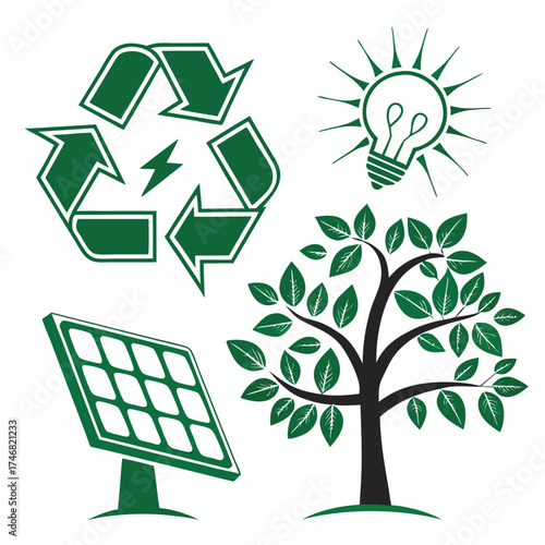 Ecology icon set featuring environmental protection concepts like recycling symbols, green energy, and earth conservation