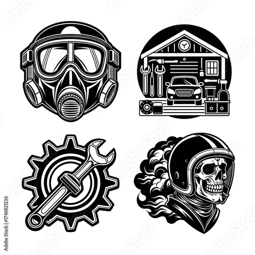 Gritty industrial skull mechanic gas mask garage car gear and wrench tattoo style graphics