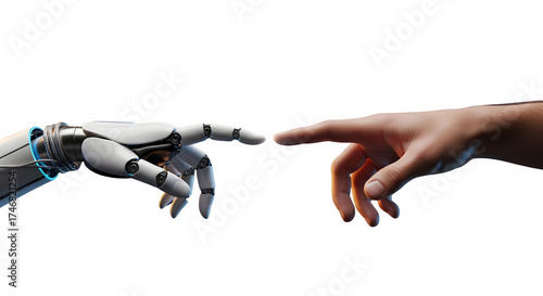 Autonmous AI agent and human touch futuristic meeting interaction and collaboration. Interaction between humanity and technology robot. The creation of adam robotic AI automation 