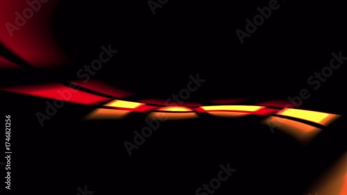 Horizontal neon yellow and red light rays flowing on black background. Modern animation backdrop