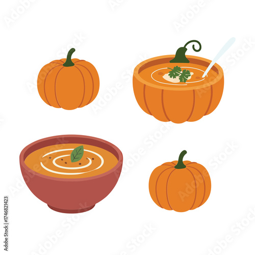Flat Vector Pumpkin and Cream Soup Bowl Set