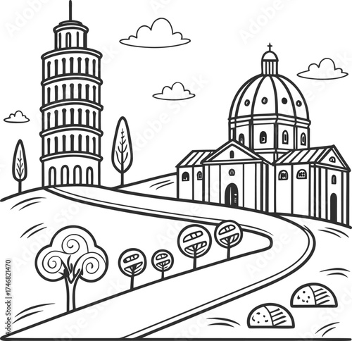 Historic italian cityscape with tower and dome creates a scenic pathway scene isolated on transparent background